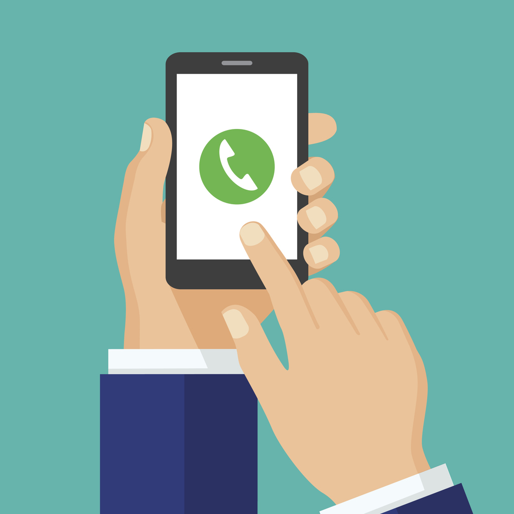 Ecommerce Store Call Tracking -Phone call button on smartphone screen.  Mobile phone call consept. Hand holding smartphone, finger touching screen. Answer the call. Creative flat design vector illustration. 