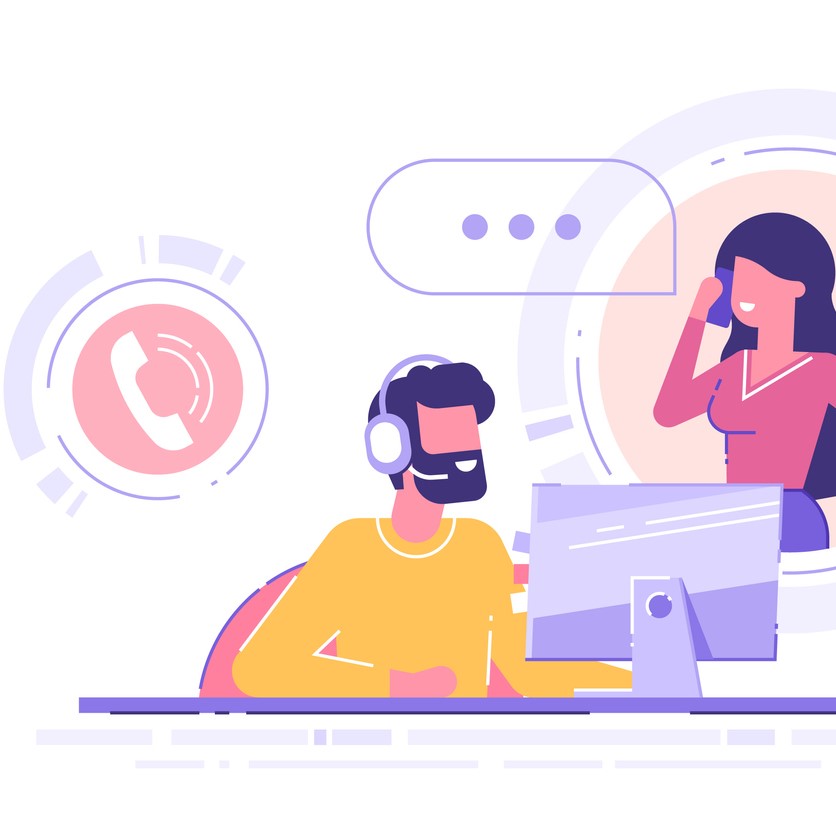 ecommerce store call tracking - Man with headset is sitting at his computer and  talking with client. Clients assistance, call center, hotline operator, consultant manager, technical support and customer care. Vector illustration.