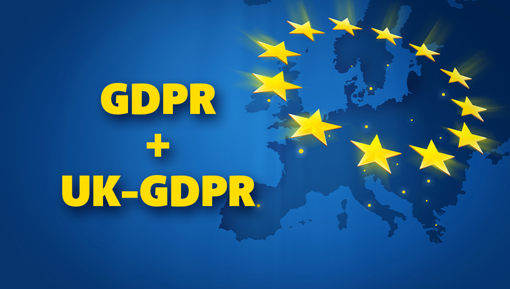 The words GDPR and UK-GDPR over a blue map or Europe